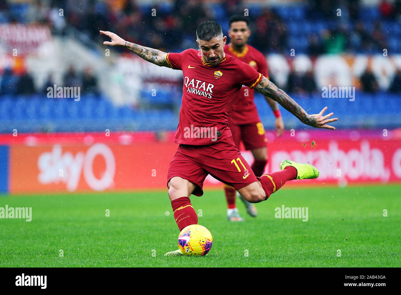 Aleksandar Kolarov Of Roma Takes A Free Kick During The Italian Championship Serie A Football Match Between As Roma And Brescia Calcio On November 24 2019 At Stadio Olimpico In Rome Italy