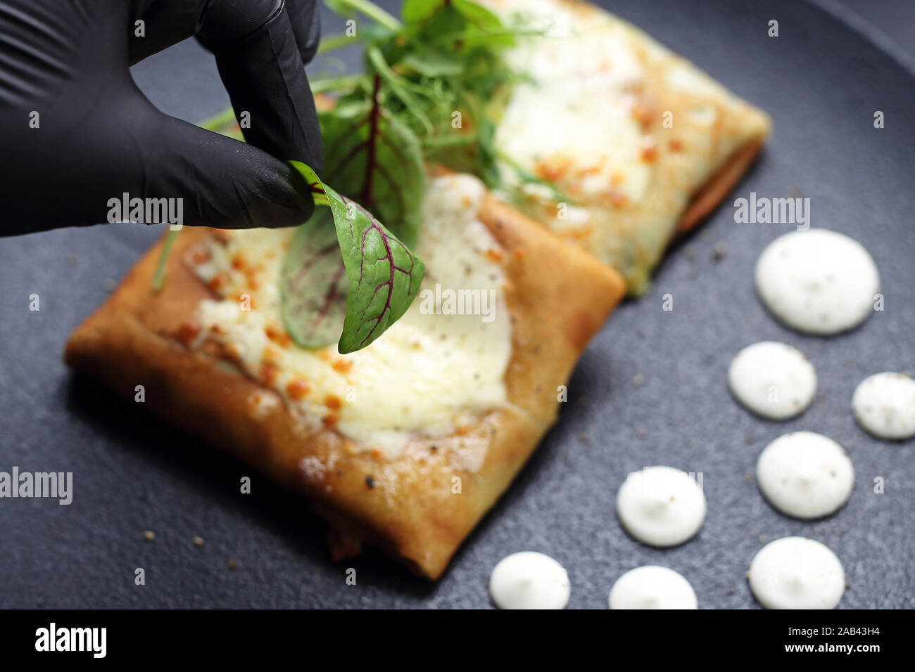 The chef decorates the plate. Serving and decorating the dish. Stock Photo