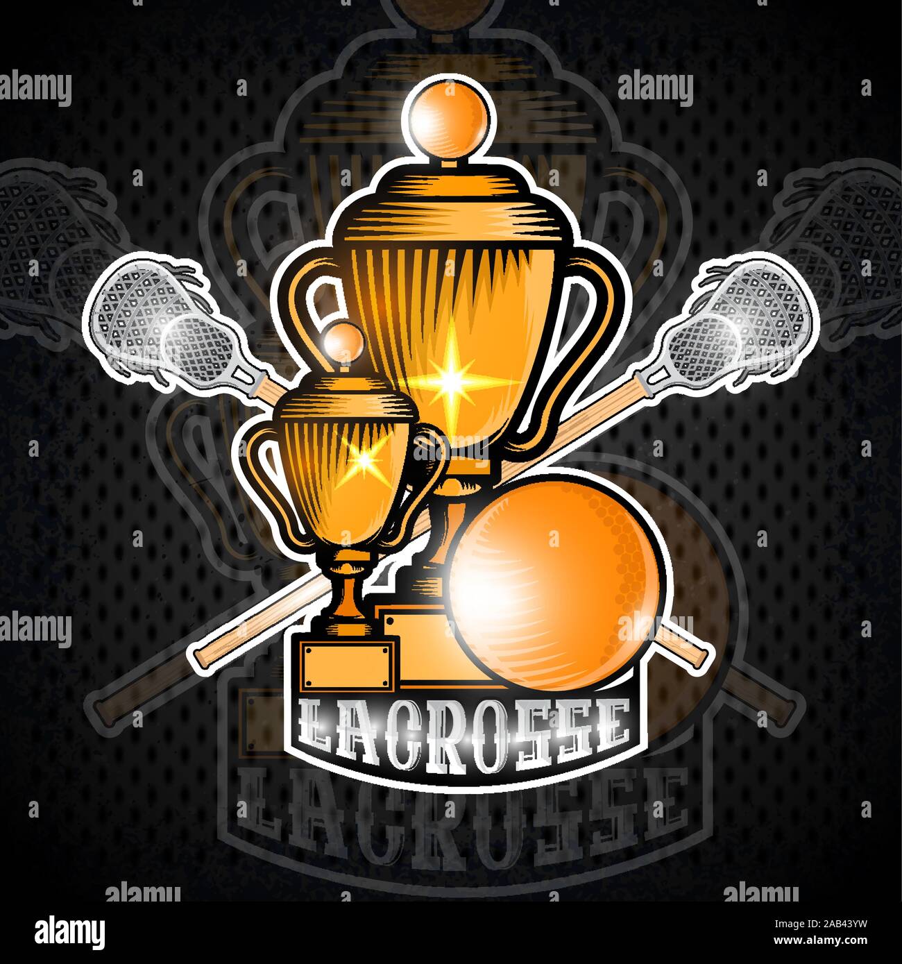 Lacrosse ball and crossed lacrosse stick with gold cup. Sport logo for