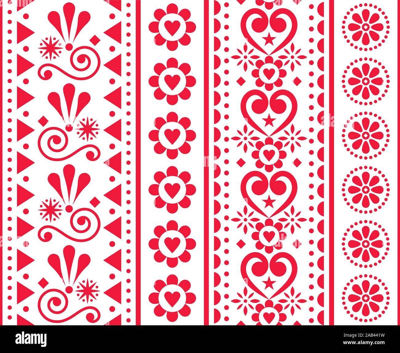 Valentine's Day vector seamless vertical pattern - Scandinavian traditional embroidery folk art style with flowers and hearts Stock Vector