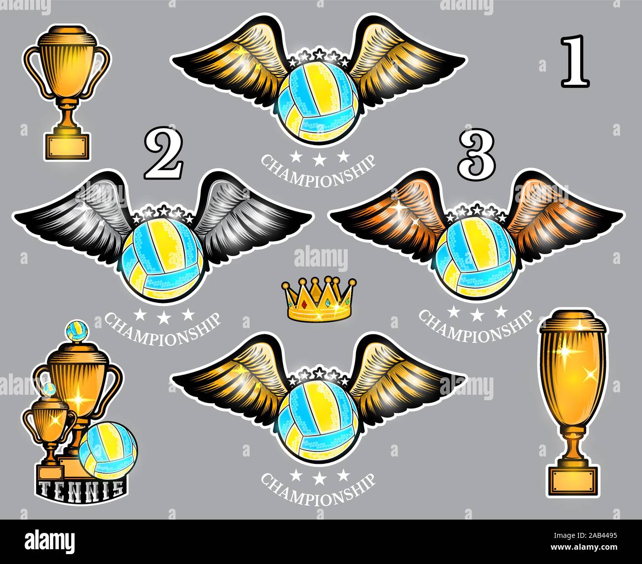 Volleyball ball with wings and crown. Vector sport label for any team