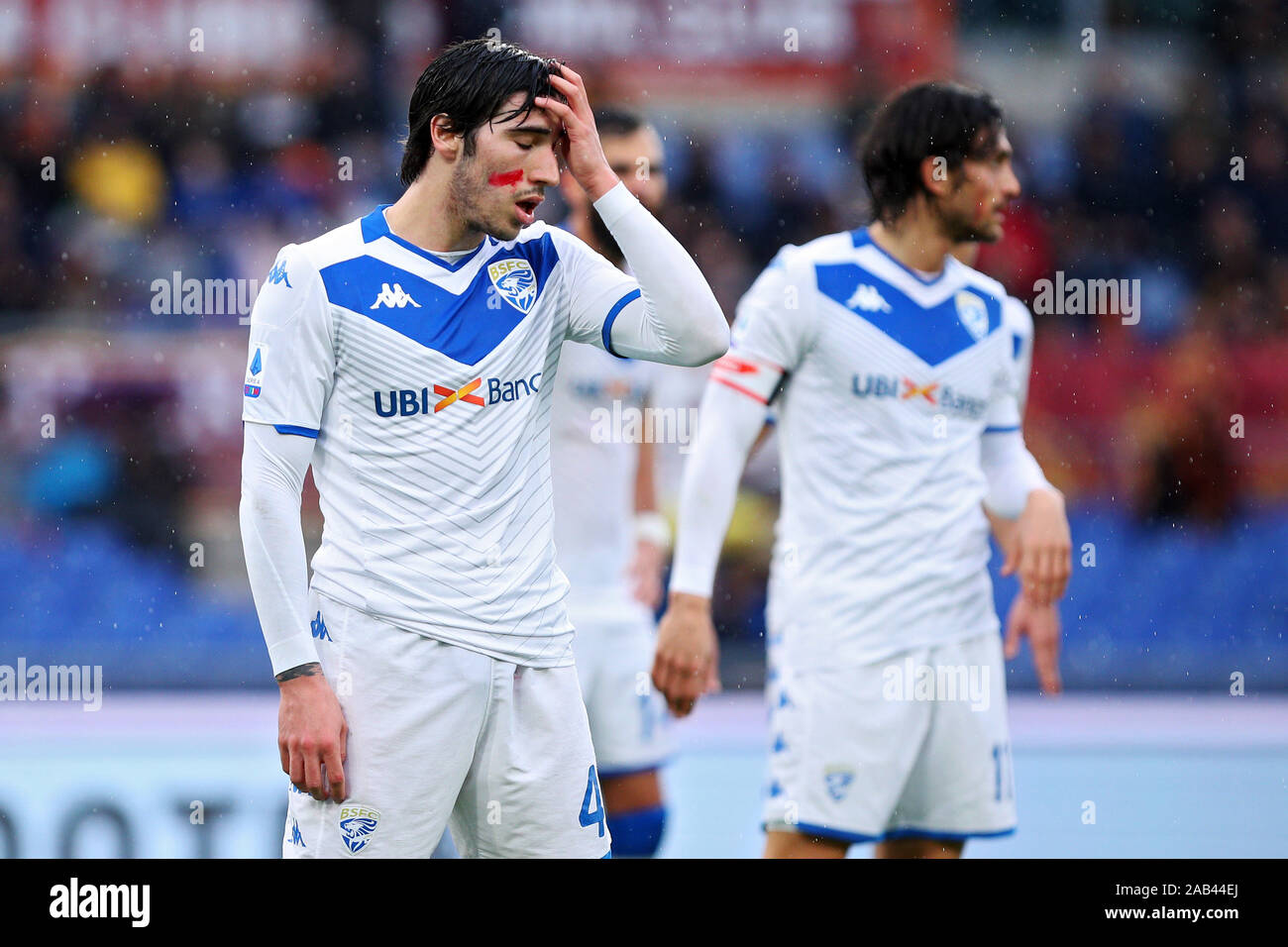 Sandro Tonali of Brescia reacts during the Italian championship Serie A football match between AS Roma and Brescia Calcio on November 24, 2019 at Stadio Olimpico in Rome, Italy - Photo Federico Proietti/ESPA-Images Stock Photo