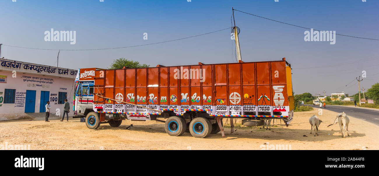 Panorama of a traditional indian truck in rural Rajasthan, India Stock Photo