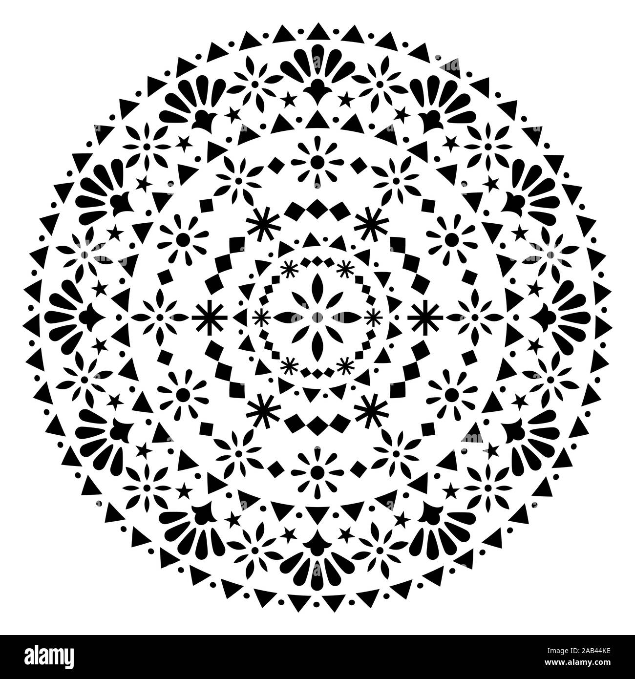 Mexican vector mandala design, monochrome folk art bohemian pattern with flowers and abstract shapes inspired by folk art from Mexico Stock Vector