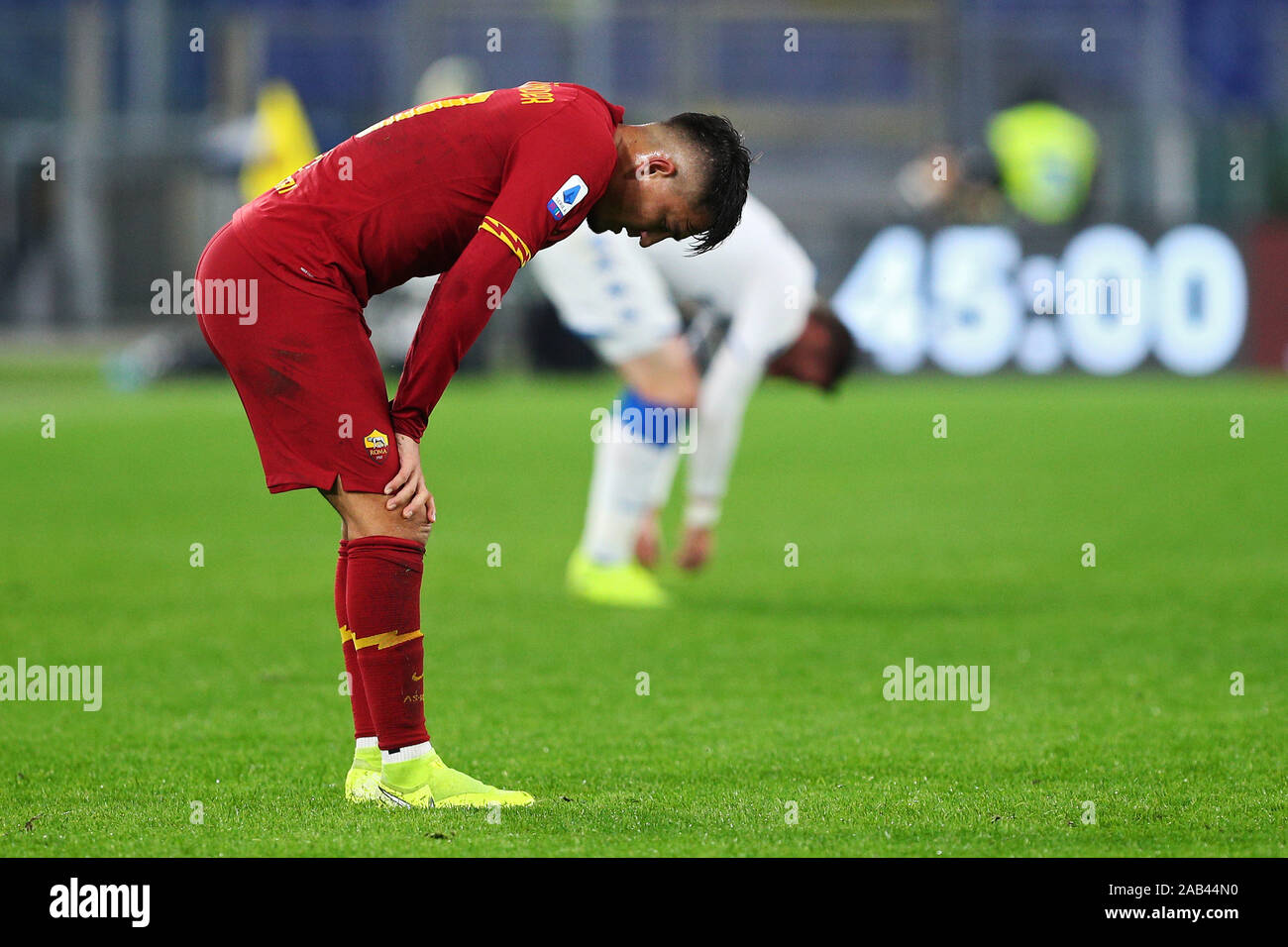 Cengiz Under of Roma reacts at the end of the Italian championship Serie A football match between AS Roma and Brescia Calcio on November 24, 2019 at Stadio Olimpico in Rome, Italy - Photo Federico Proietti/ESPA-Images Stock Photo