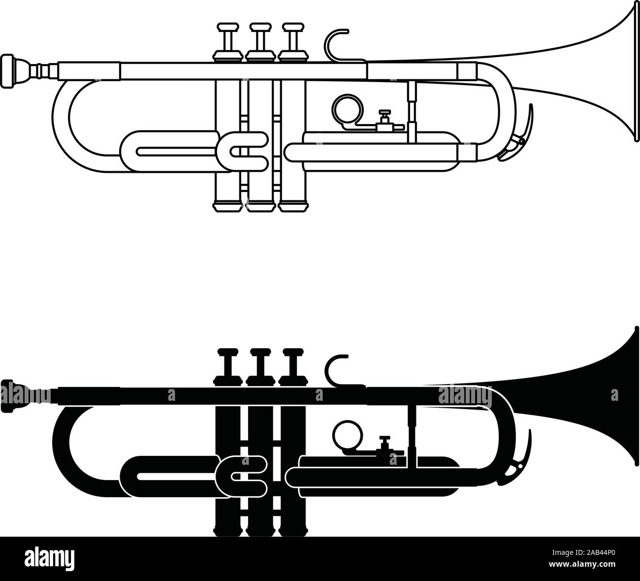 Trumpet icons set. Brass instrument. Thin line and silhouette vector Stock Vector