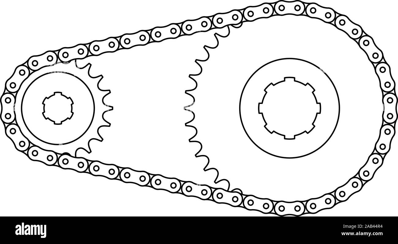 Sprocket and roller chain. Mechanical transmission. Vector thin line