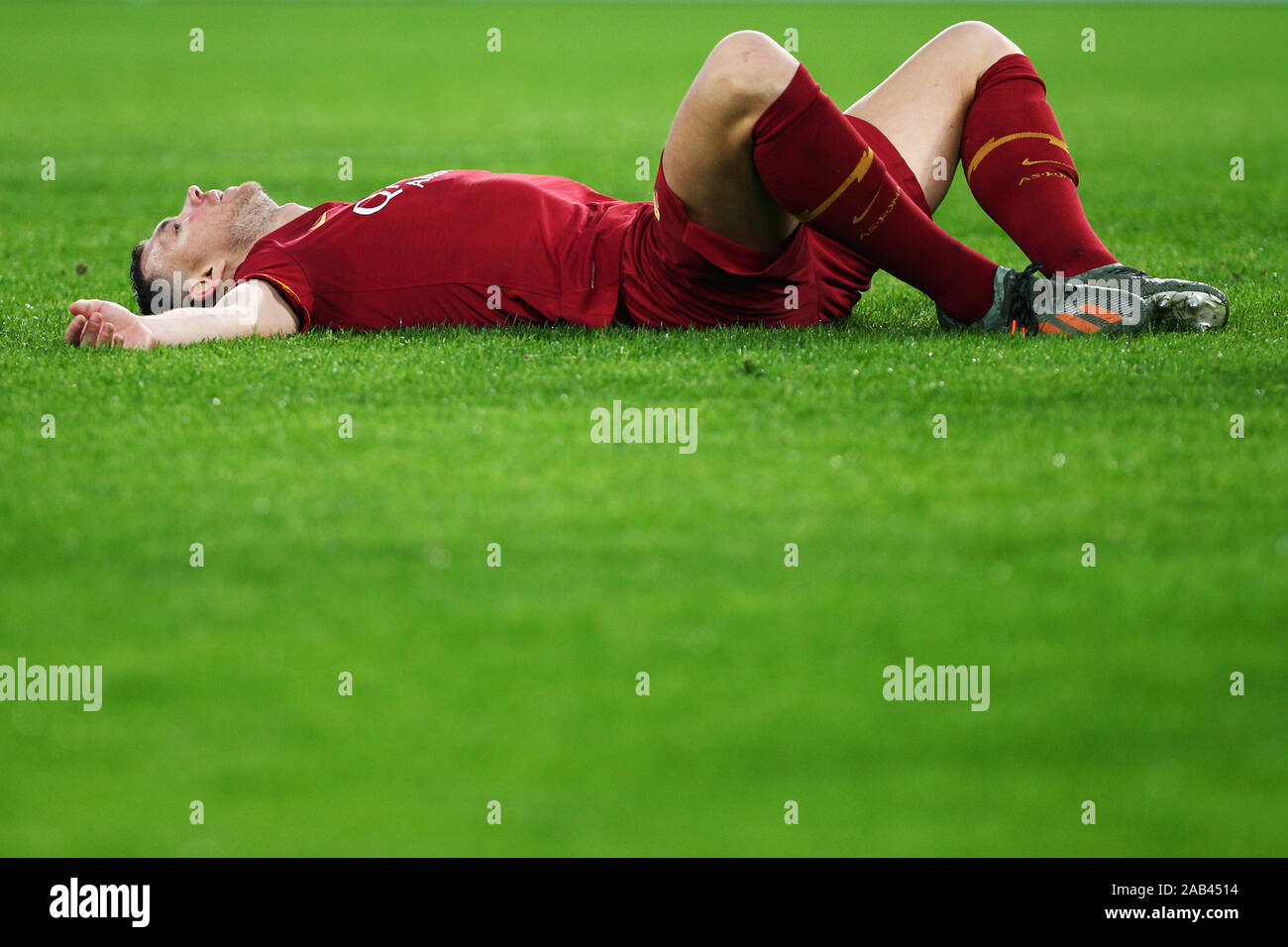 Edin Dzeko of Roma on the ground during the Italian championship Serie A football match between AS Roma and Brescia Calcio on November 24, 2019 at Stadio Olimpico in Rome, Italy - Photo Federico Proietti/ESPA-Images Stock Photo