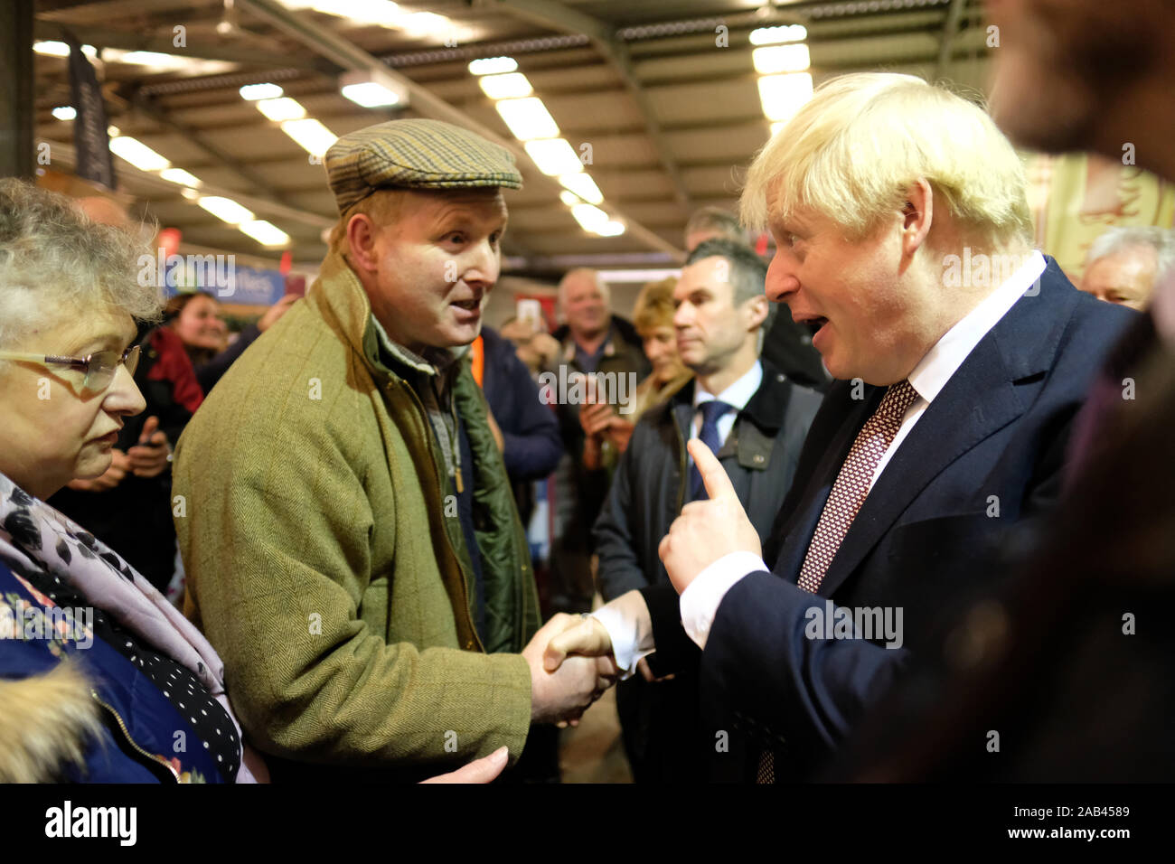 Royal Welsh Winter Fair, Builth Wells, Powys, Wales, UK - Monday 25th November 2019 - Prime Minister Boris Johnson tours the Royal Welsh Winter Fair on the latest stage of his UK Election tour meeting the farming and rural community in Mid Wales. Credit: Steven May/Alamy Live News Stock Photo