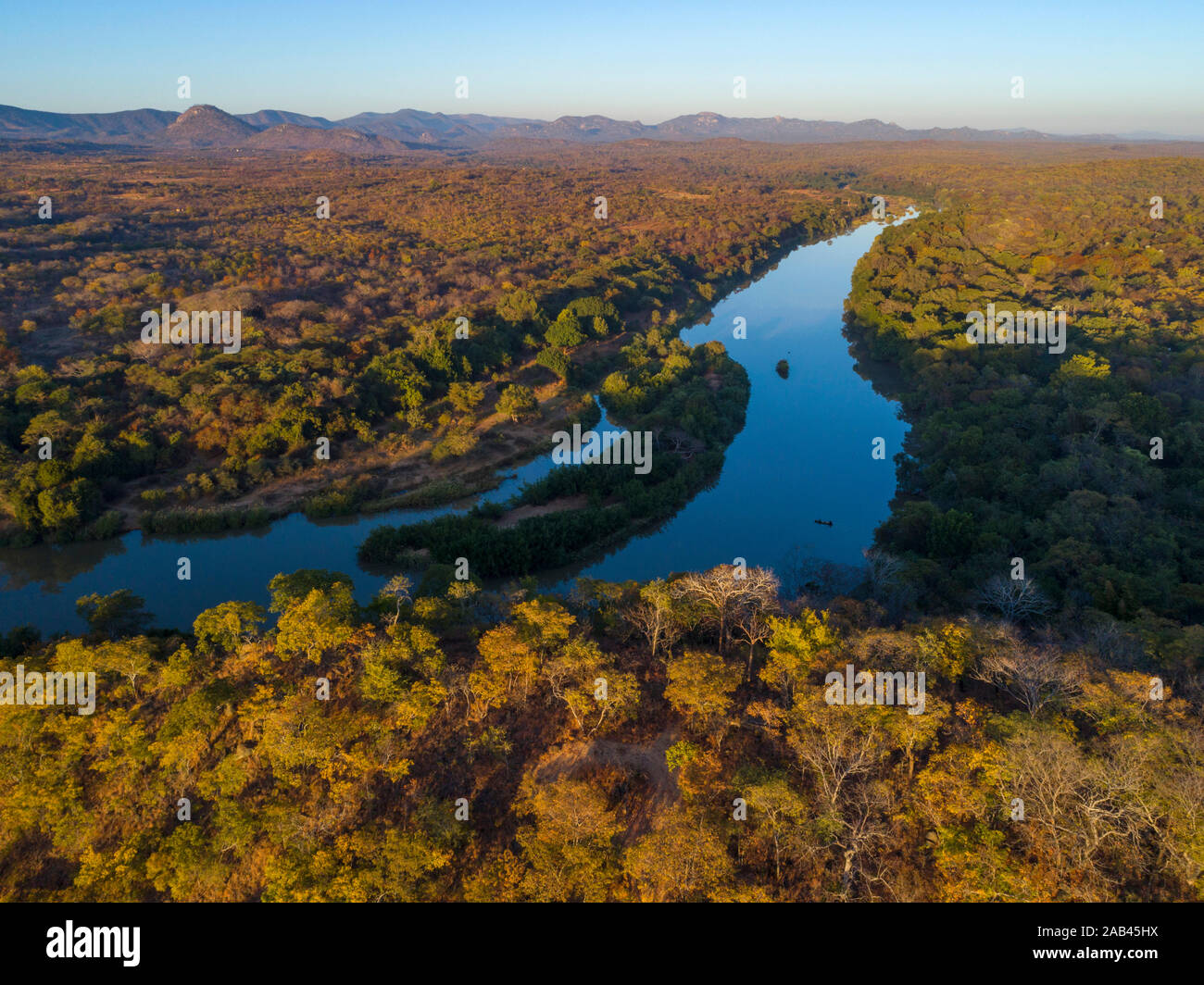 A sandy river seen from above in Zimbabwe's Umfurudzi Safari Area. Stock Photo