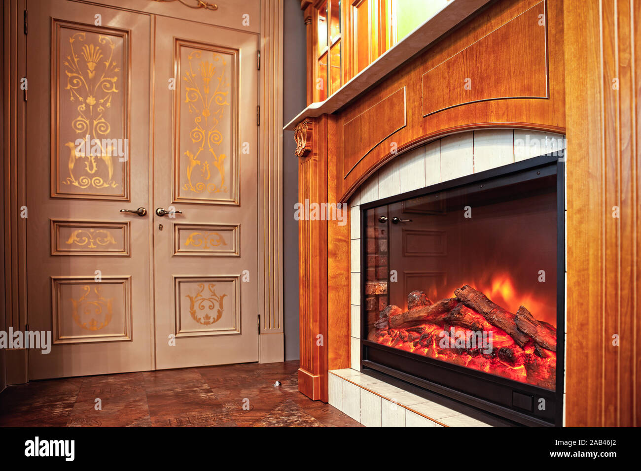 Electric Fireplace In A Stylish Modern Interior Stock Photo