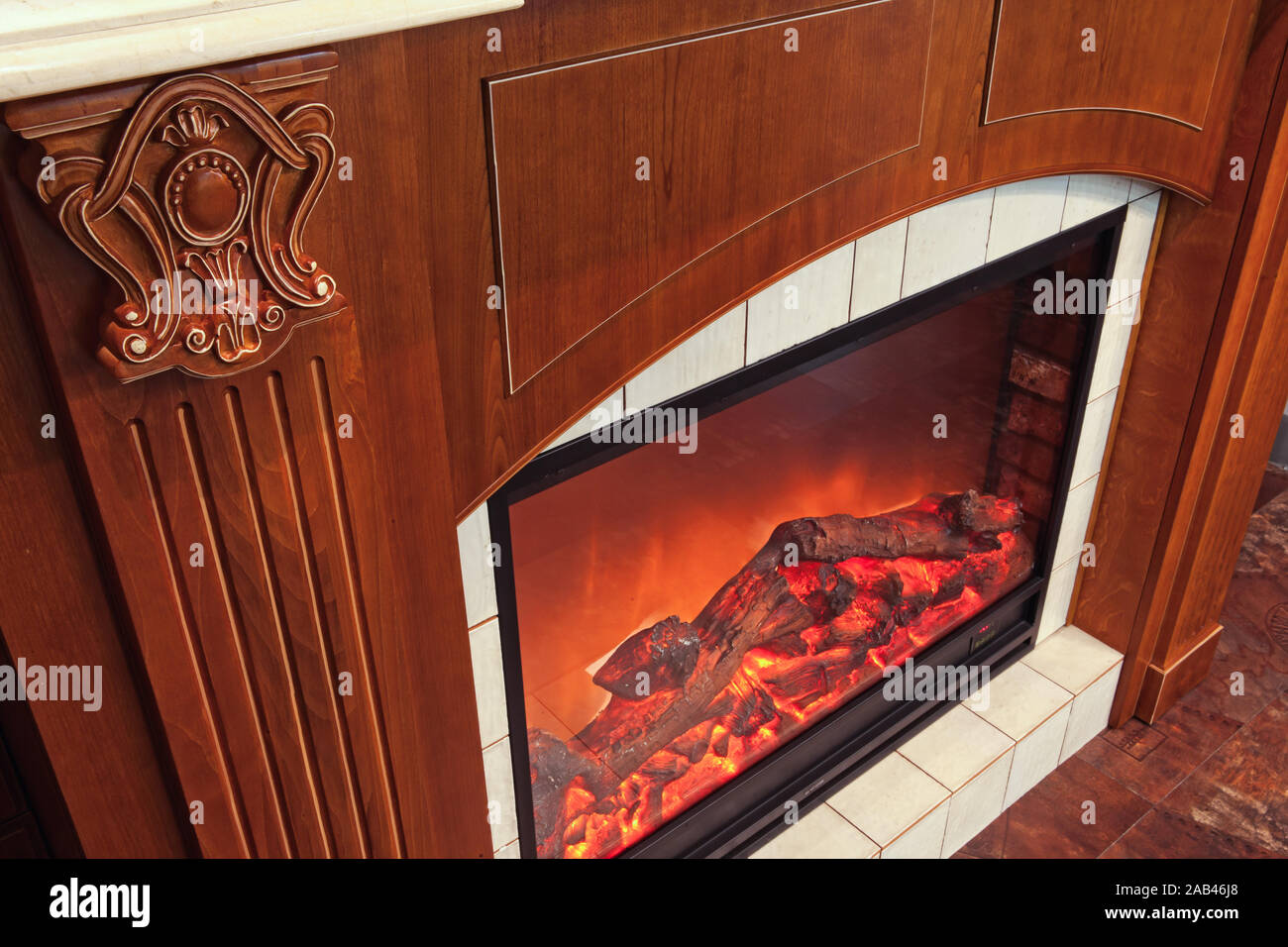 Electric Fireplace In A Stylish Modern Interior Stock Photo