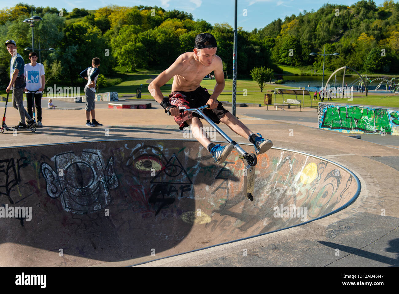 Scooter riders perform in a professional competition at the Hanley