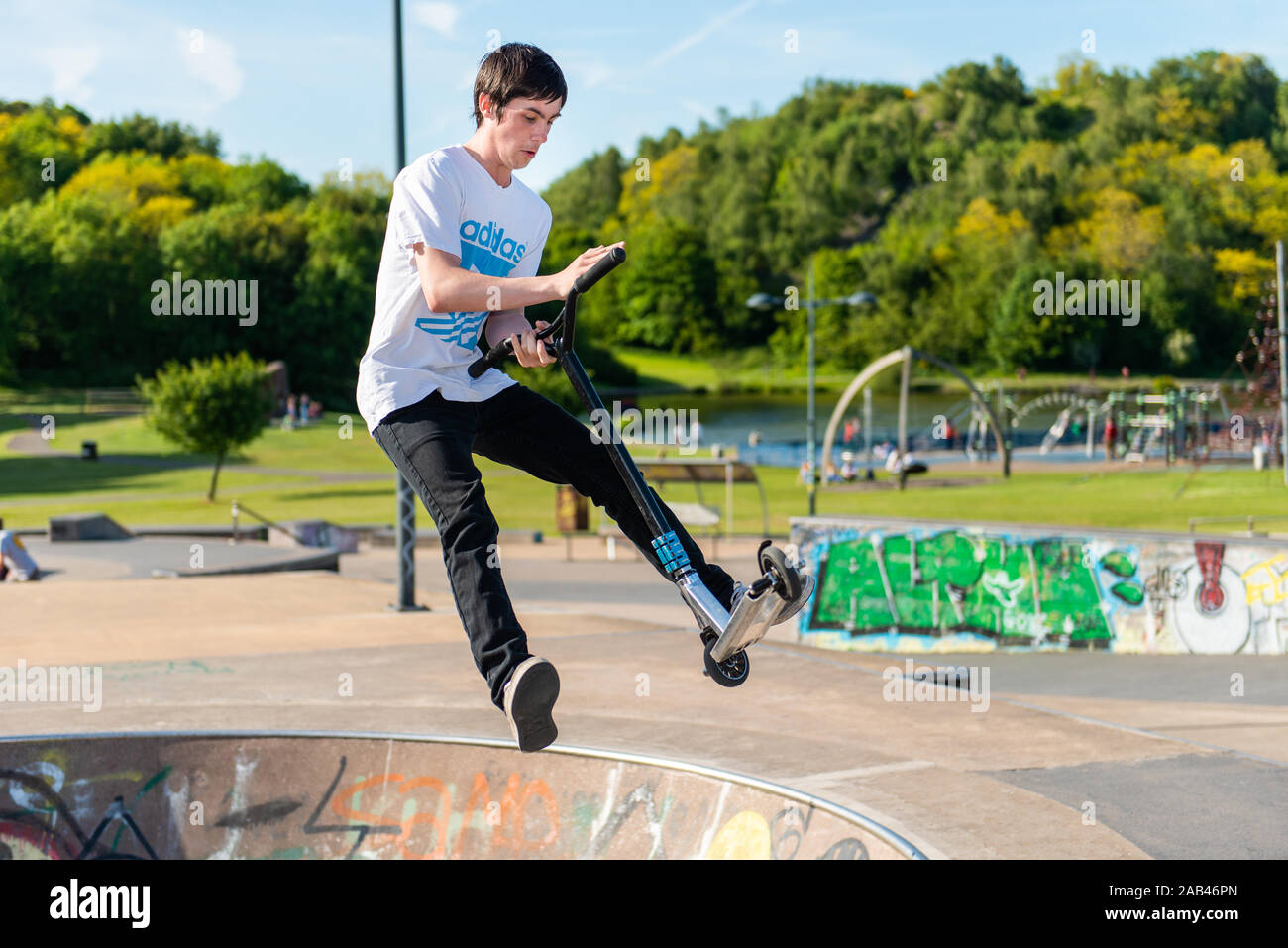 Scooter riders perform in a professional competition at the Hanley