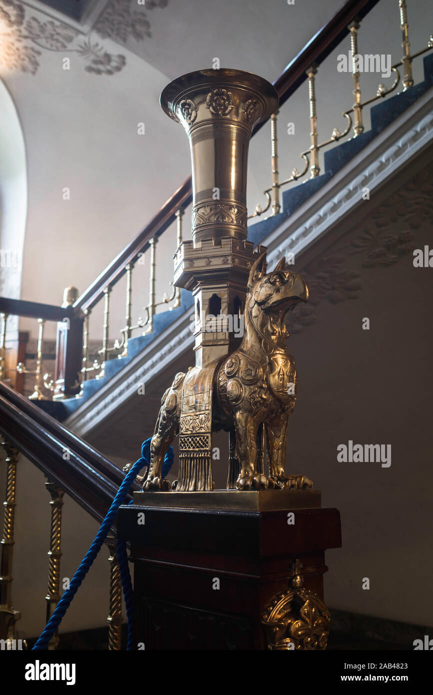 Copenhagen City Hall, view of a highly stylised brass newel post of a staircase inside the Radhus (City Hall) in Copenhagen, Denmark. Stock Photo