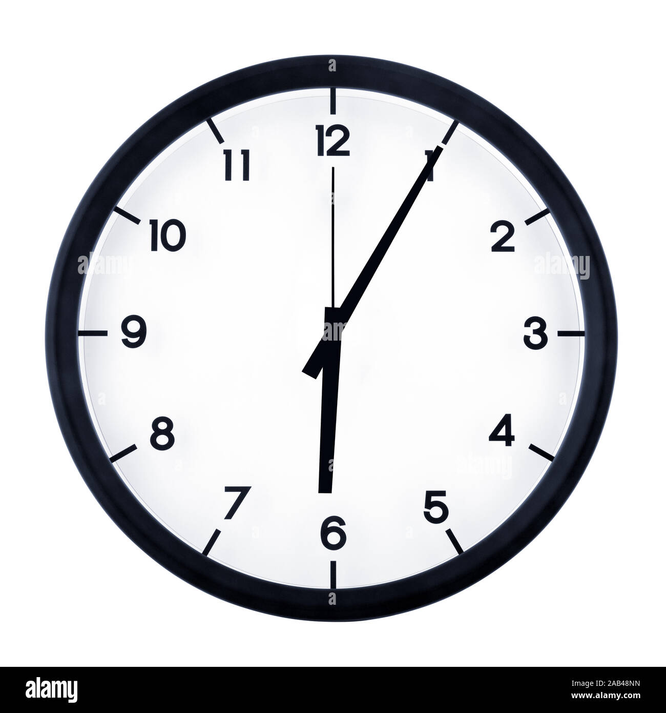 Classic analog clock pointing at six O five, isolated on white ...