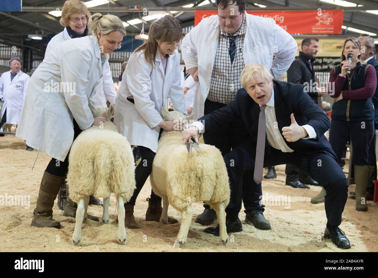 Prime Minister Boris Johnson, visits the Royal Welsh Showground, in Llanelwedd, Builth Wellswhilst on the General Election campaign trail. PA Photo. Picture date: Monday November 25, 2019. See PA story POLITICS Election. Photo credit should read: Stefan Rousseau/PA Wire Stock Photo