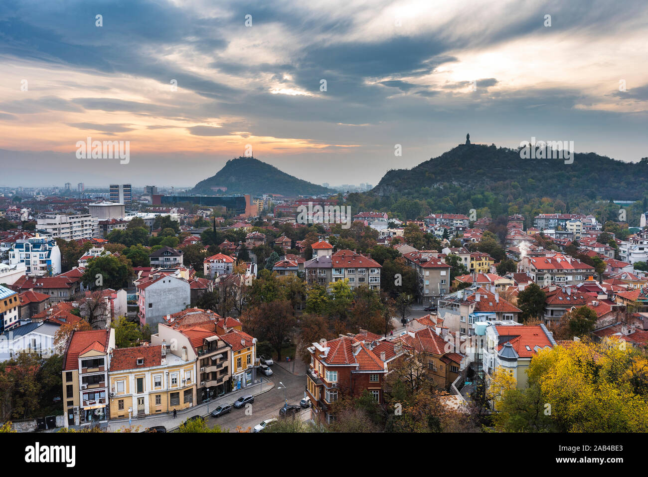Panoramic autumn sunset over Plovdiv - european capital of culture 2019 and oldest living city in Europe, Bulgaria Stock Photo