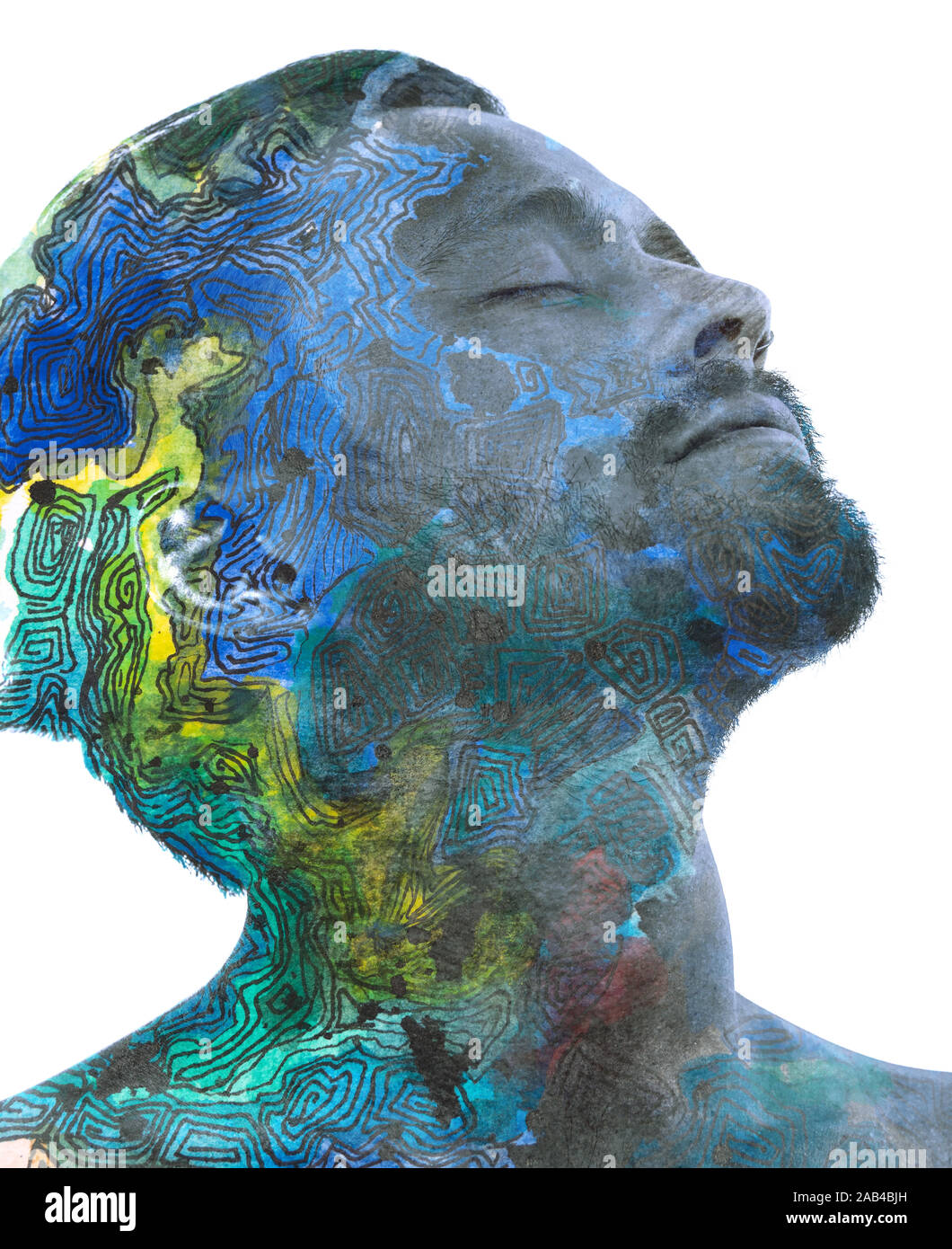 Paintography. Double exposure portrait of a bearded man tilting his ...