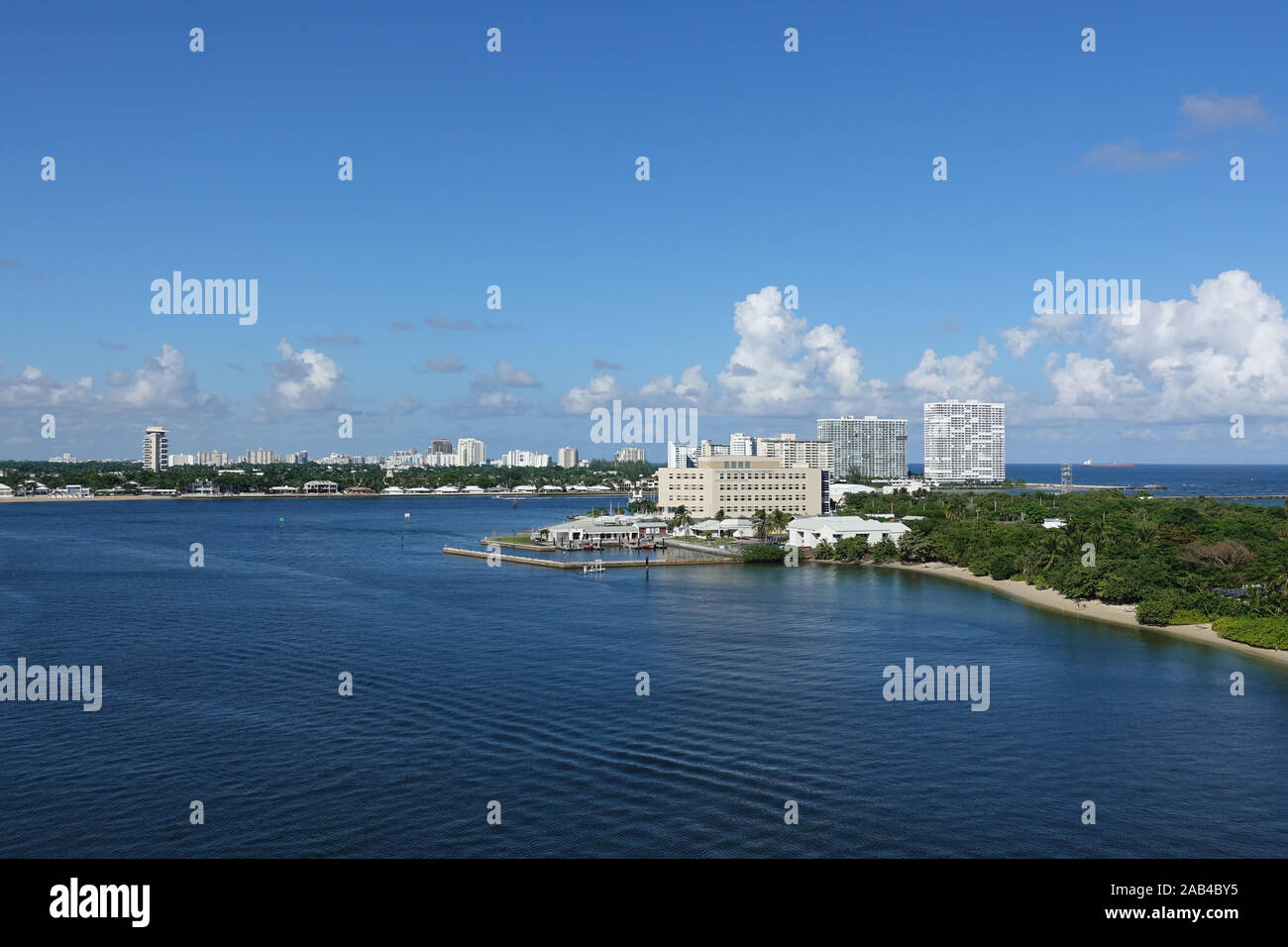 Ft. Lauderdale, FL/USA-10/31/19: The view from a cruise ship of Port Everglades, in Ft. Lauderdale, Florida of the channel out to the ocean. Stock Photo
