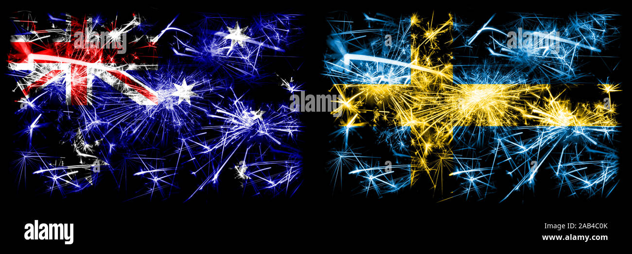 Australia Ozzie Vs Sweden Swedish New Year Celebration Sparkling Fireworks Flags Concept Background Combination Of Two Abstract States Flags Stock Photo Alamy