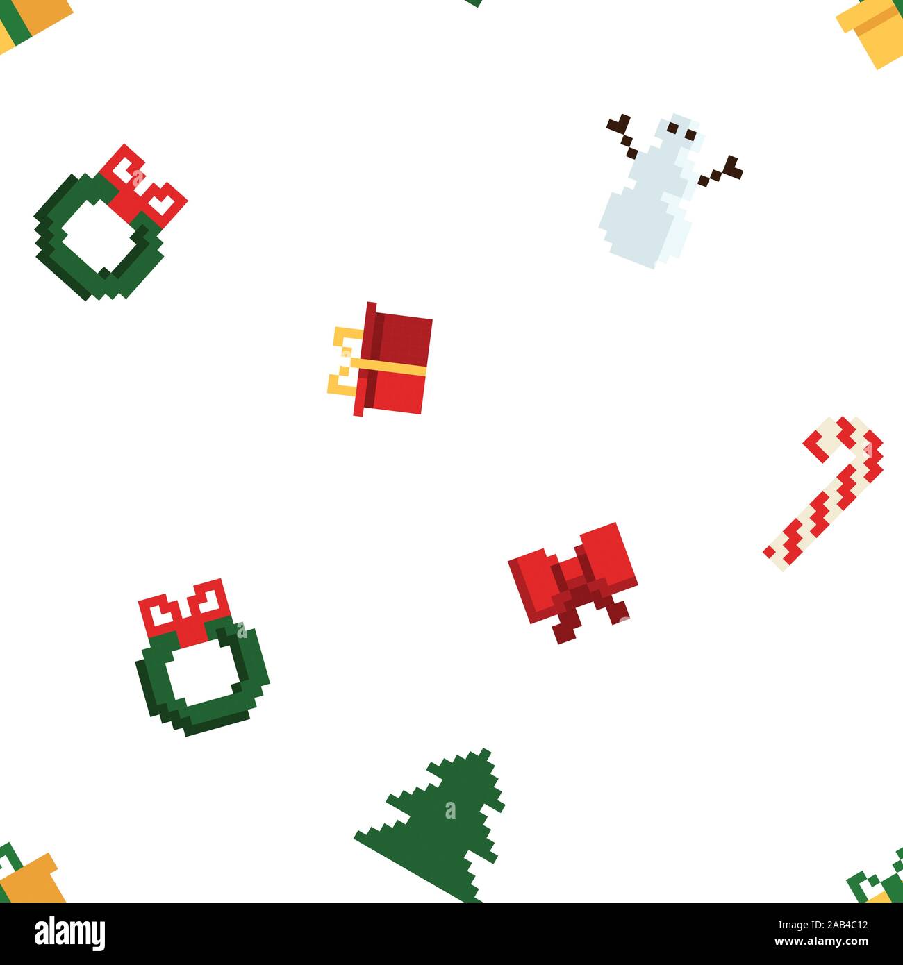 Colorful Pixel Pattern with Christmas Elements. Atcade games style Stock Vector