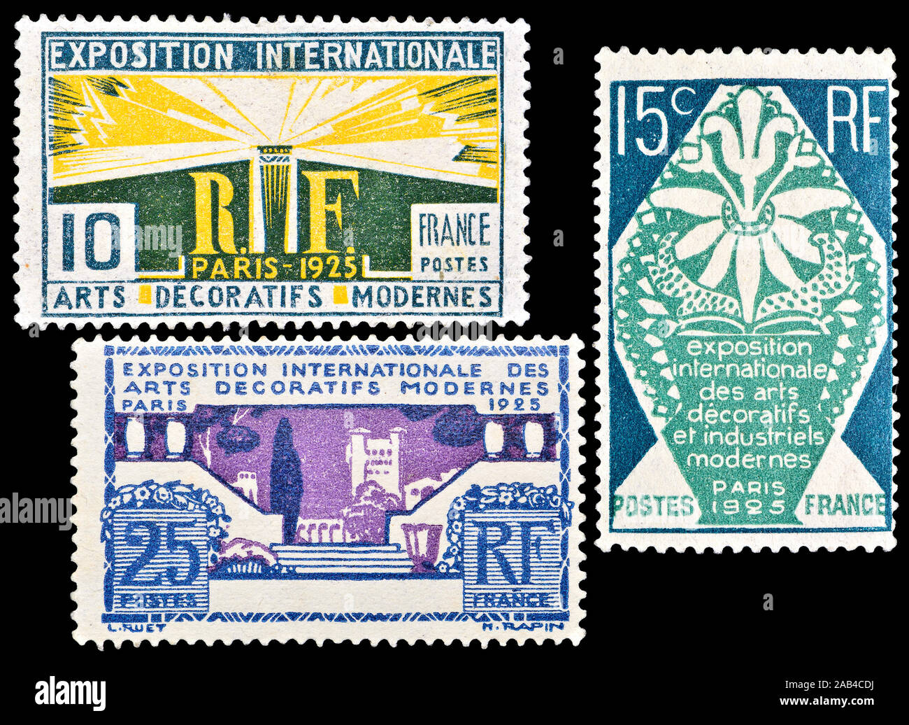 French postage stamps (1925) : Exposition Internationale des Arts Décoratifs et Industriels Modernes in Paris - the origin of the term 'Art Deco' Stock Photo