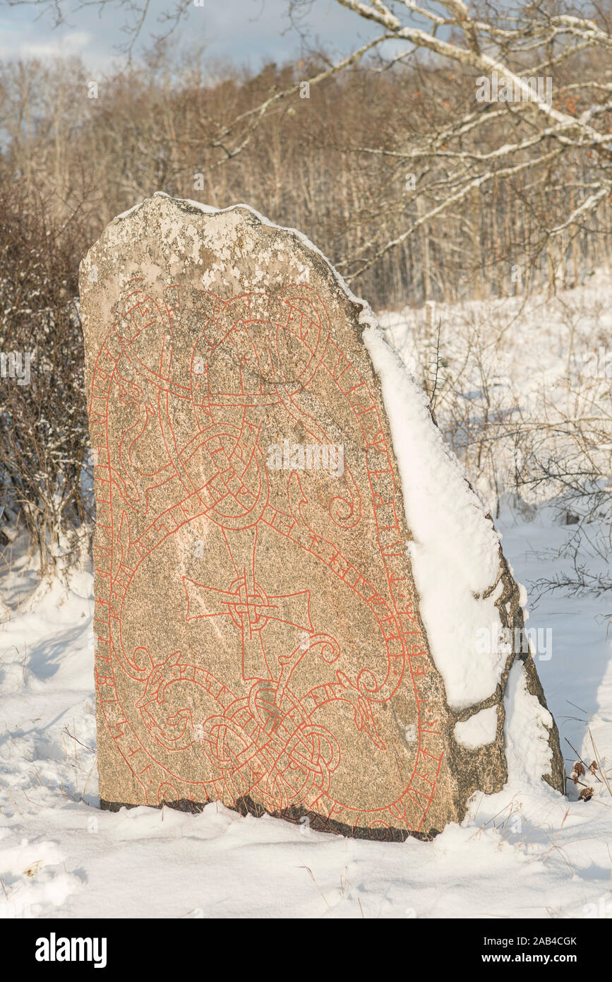 Viking age runic inscription on a runestone at Eneberga. Frösunda parish, Enköping, Uppland, Sweden, Scandinavia.. Stock Photo