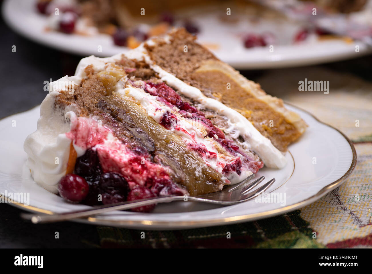 Christmas piecaken slice on white plate Stock Photo