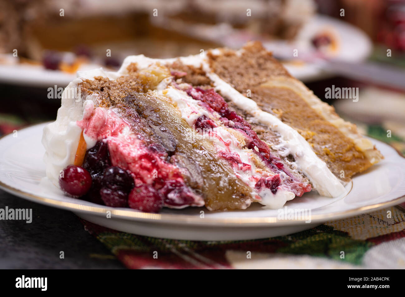 Christmas piecaken slice on white plate Stock Photo