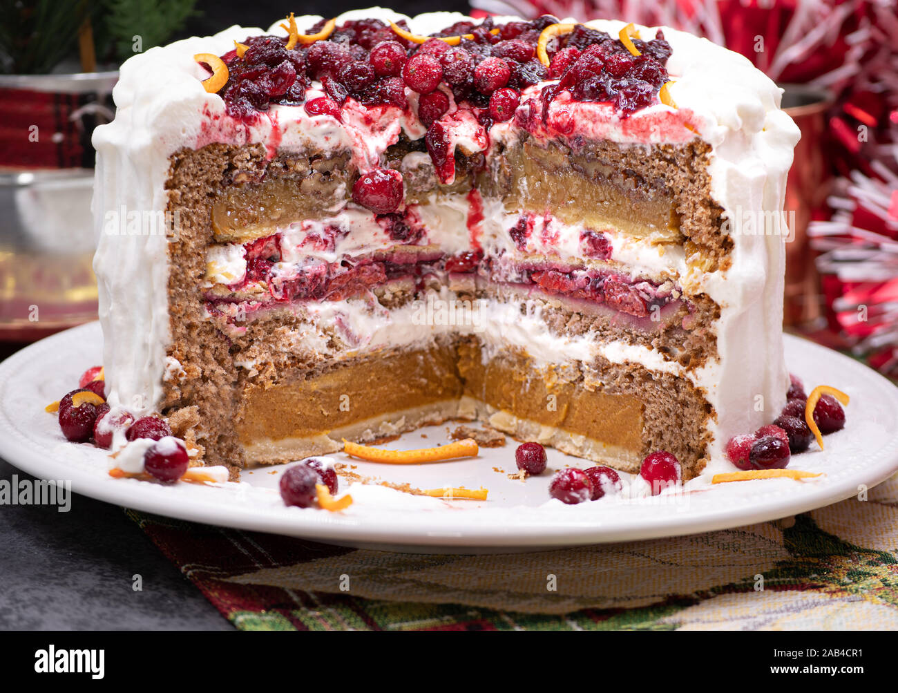 Christmas piecaken slice on white plate Stock Photo