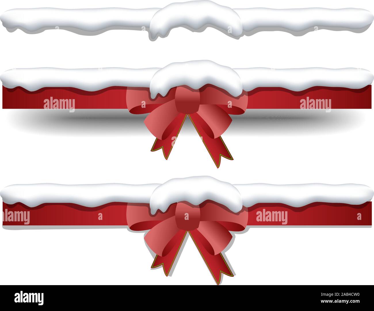 Christmas Red bow vector with show cap on the top decor isolated on white background. Decoration and gift props for Christmas and New Year winter seas Stock Vector