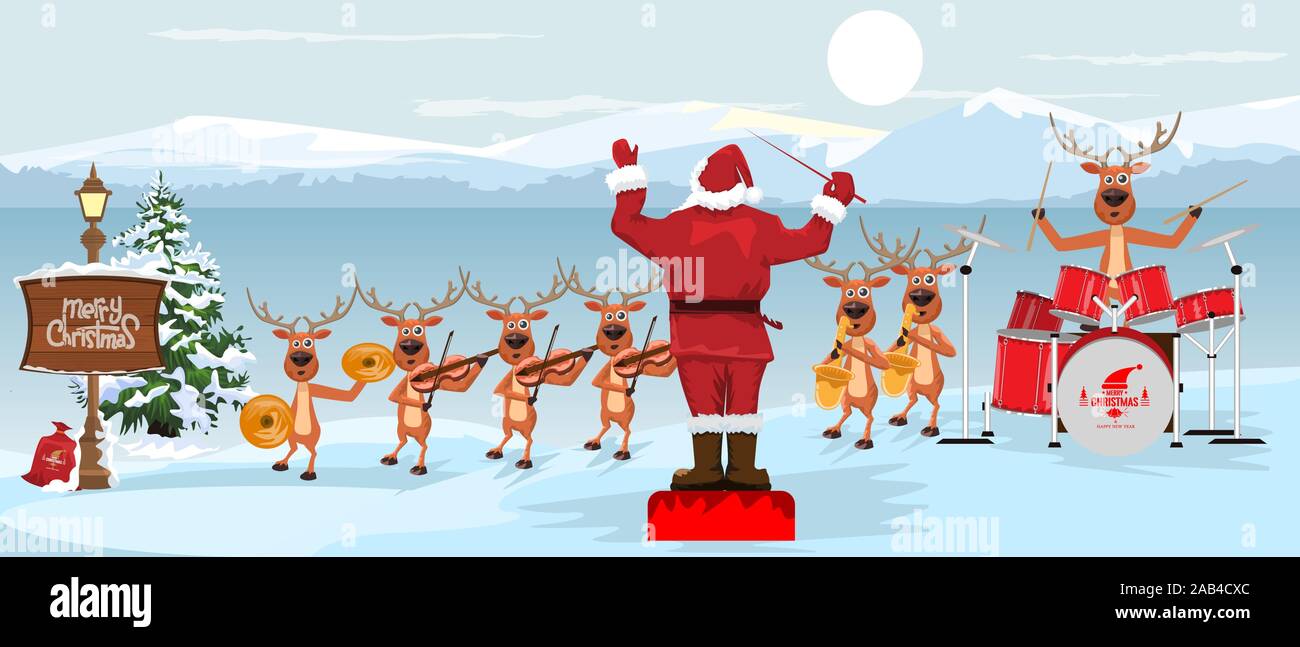 Santa Claus and reindeers with musical instruments New year christmas Orchestra concert on winter landscape scenery. Vector illustration. Stock Vector