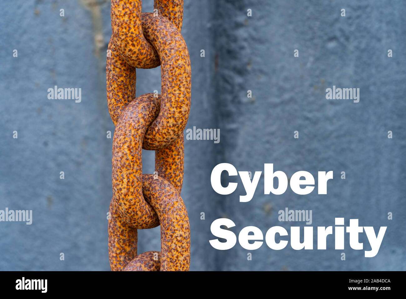 A big rusty chain with the words 'Cyber Security' besides it - IT security concept Stock Photo