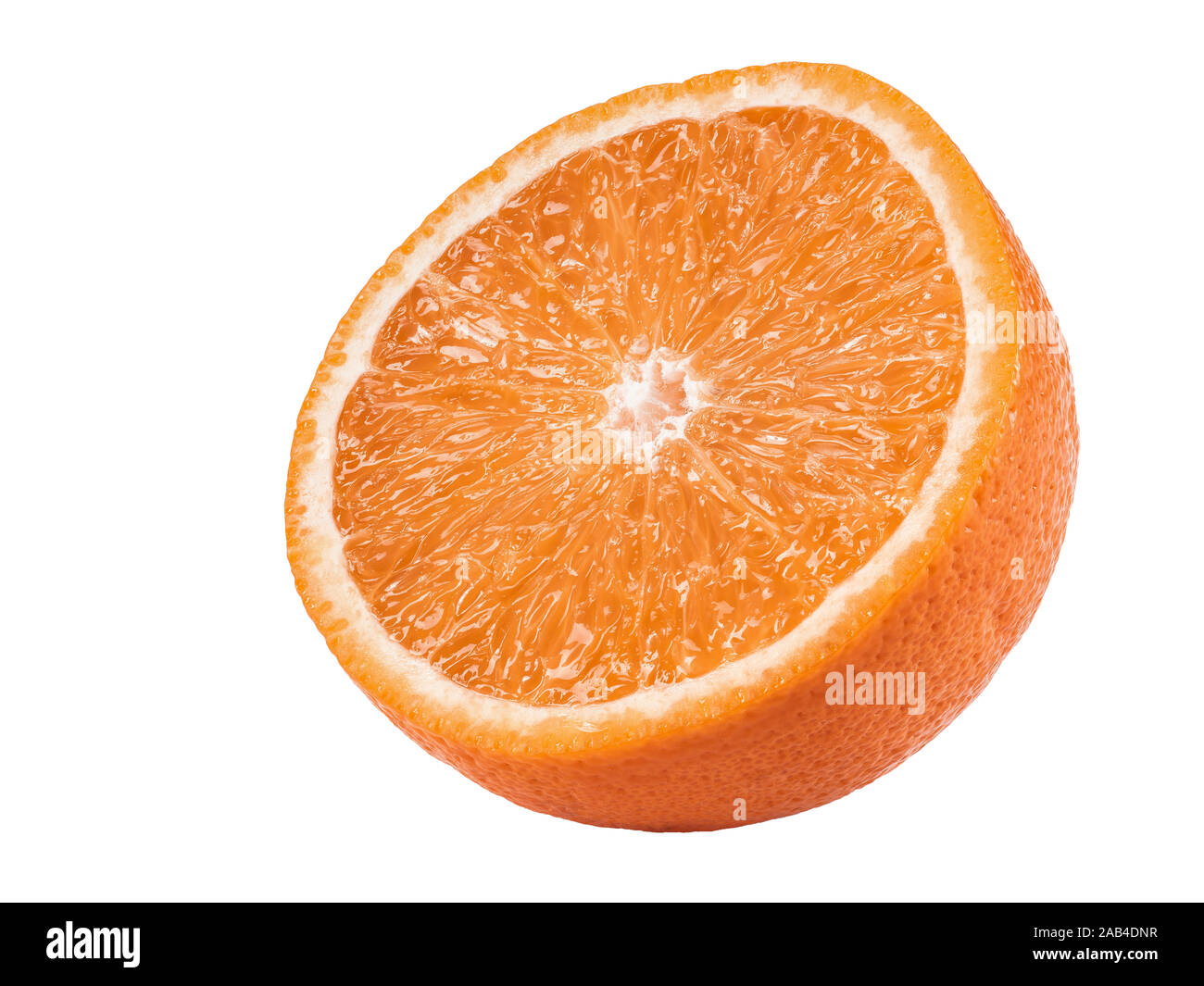 Half of a ripe orange isolated on white background with copy space for text or images. Fruit with juicy flesh. Side view. Close-up shot. Stock Photo