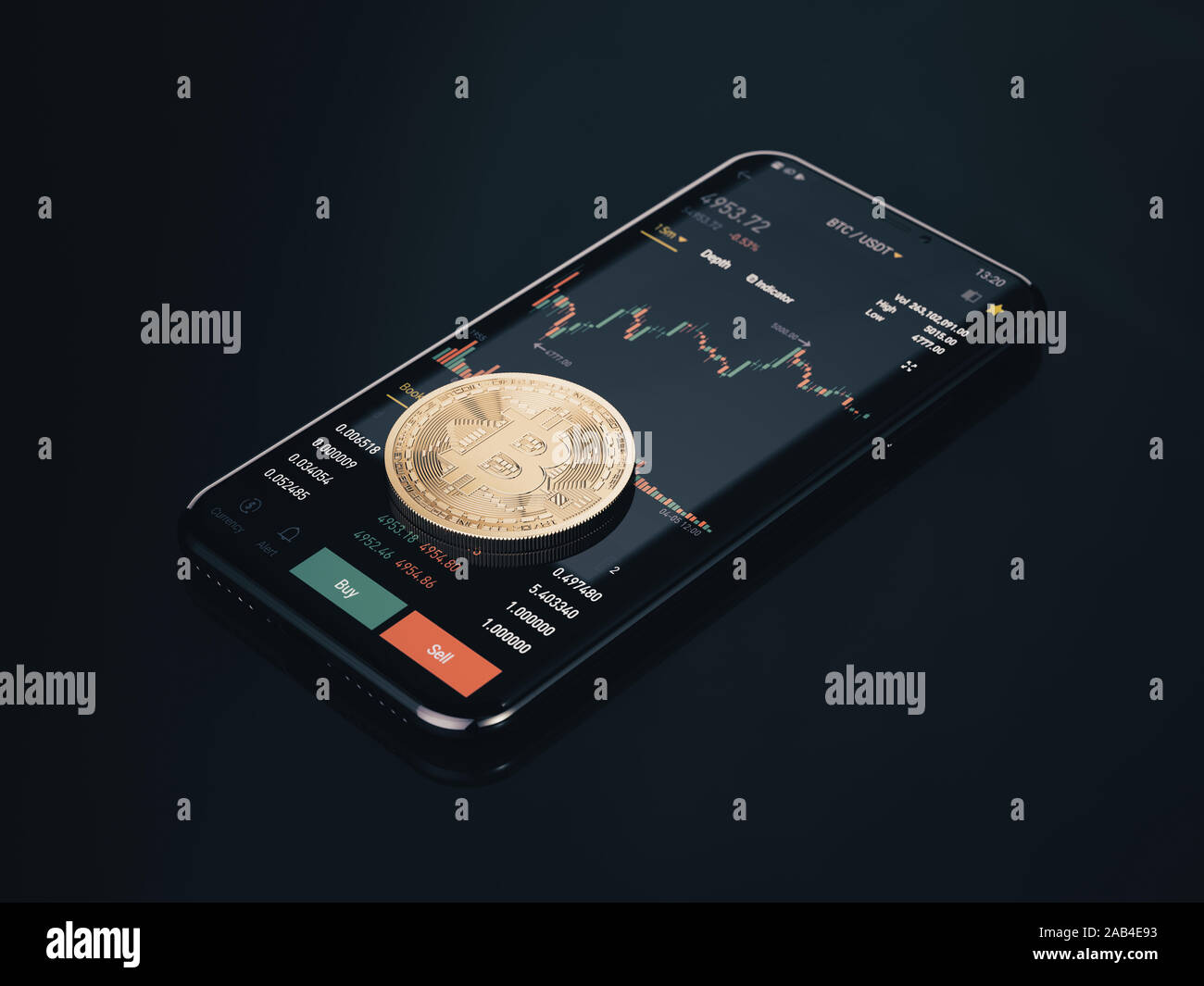 Cryptocurrency exchange mobile trading Bitcoin. Smartphone with bitcoins  golden coins stack and exchange trading graph. 3d rendering illustration  Stock Photo - Alamy
