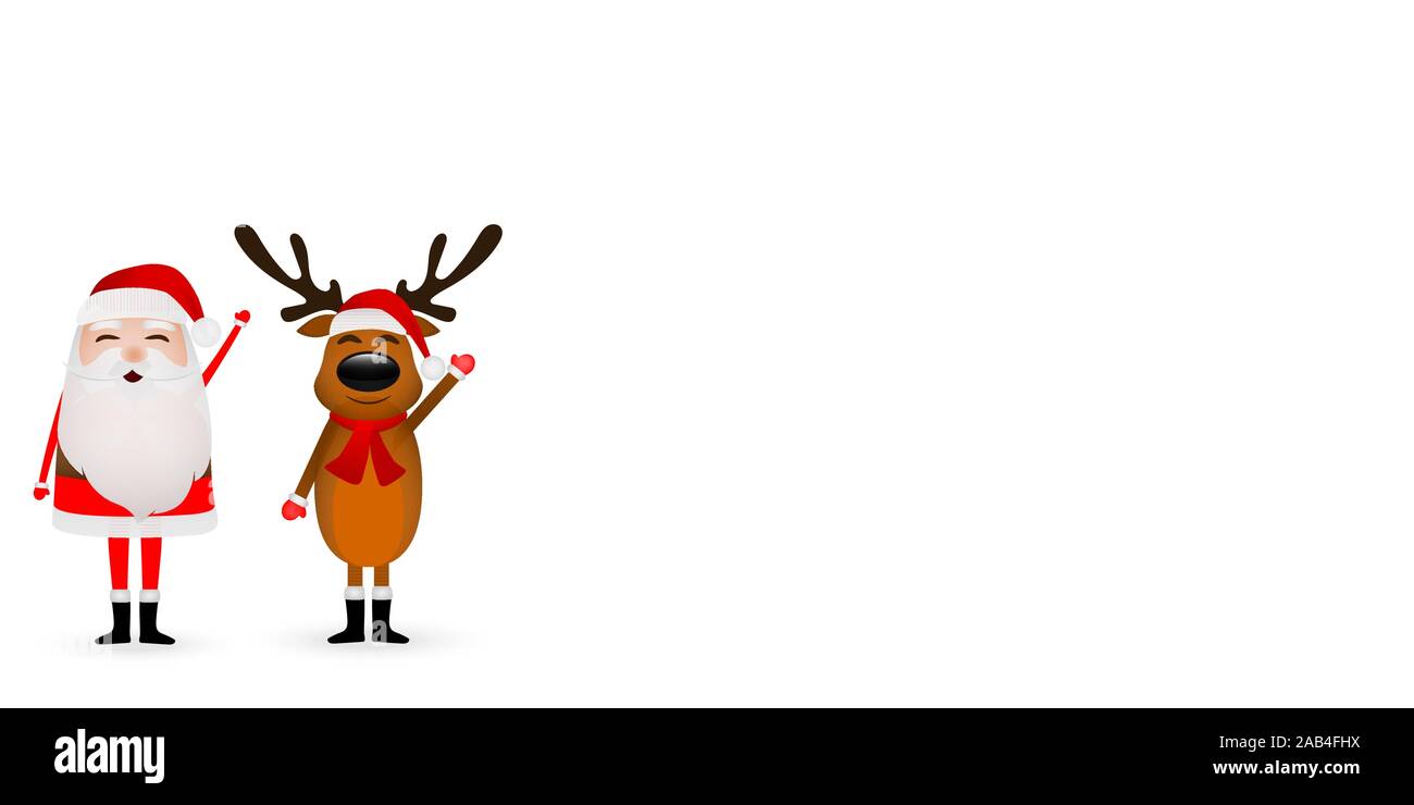 Cartoon funny santa claus and reindeer waving hands isolated on white ...