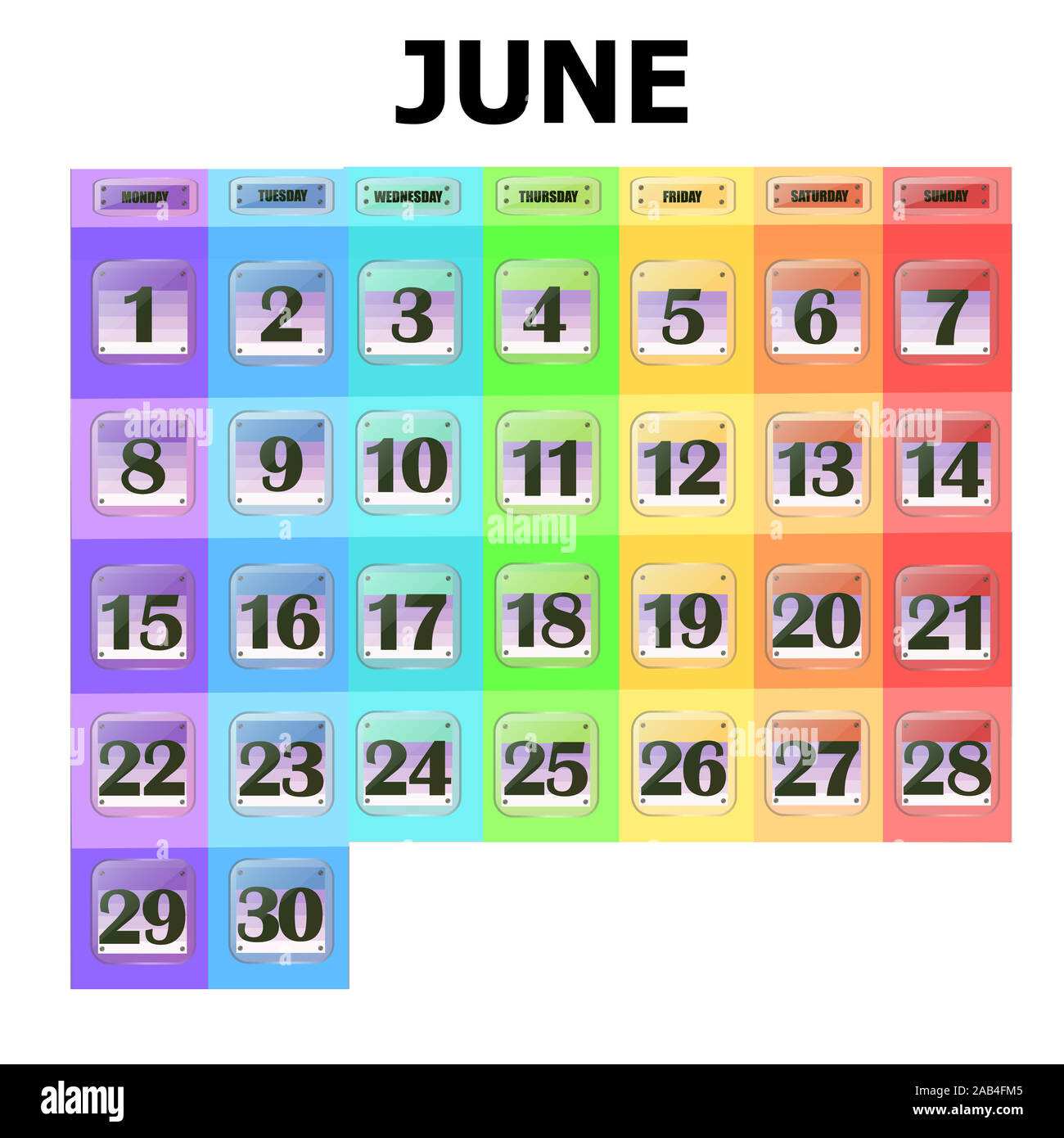 Colorful calendar for june 2020 in english set of buttons with 