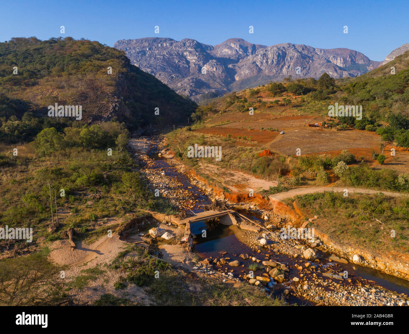 Damage caused by Cyclone Idai seen from the air in Zimbabwe's Chimanimani region. Stock Photo