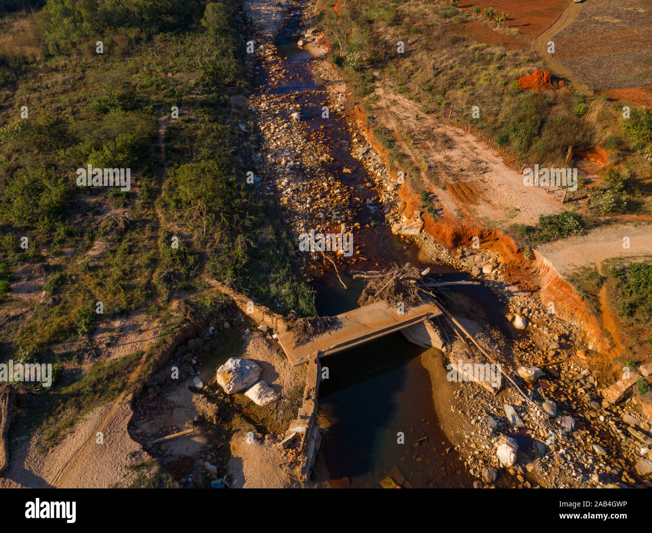 Damage caused by Cyclone Idai seen from the air in Zimbabwe's Chimanimani region. Stock Photo