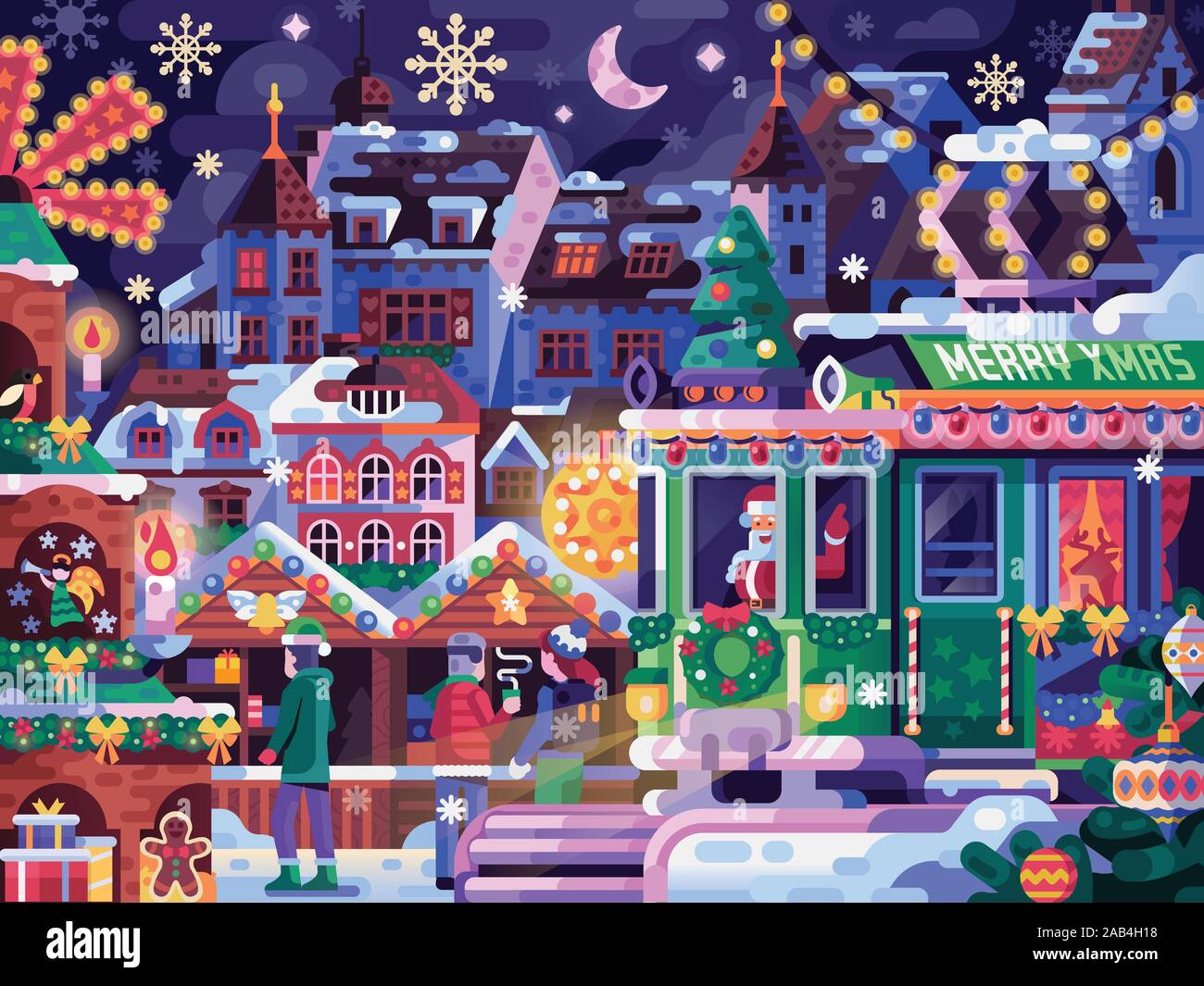 Christmas Festival with Holiday Tram and Basel Market Stock Vector