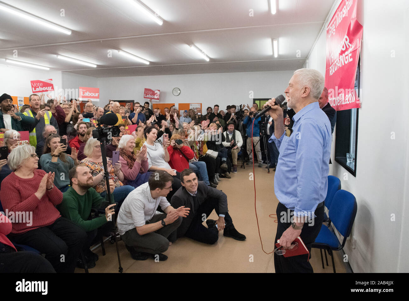 Beeston Rylands Community Centre, Broxtowe, Nottinghamshire, England, UK. 25th. November, 2019. Labour Leader Jeremy Corbyn at a Labour Party campaign rally in Broxtowe, Nottingham in support for Greg Marshall who is the Labour Party Parliamentary Candidate for Broxtowe at the of start 2019 election campaign. This Parliamentary seat which was won by Anna Soubry for the Conservative Party by a close margin of 863 votes and now standing as an for the Independent Group.Credit: AlanBeastall/Alamy Live News Stock Photo