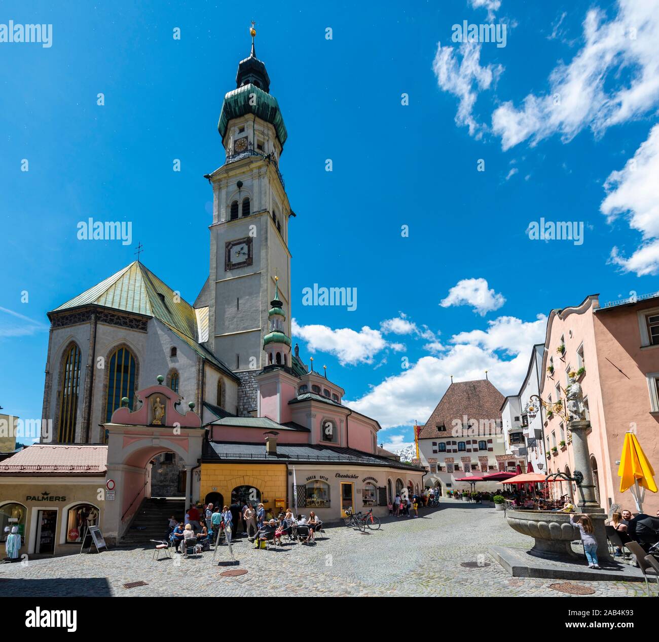 Market square and Parish Church St. Nikolaus, Hall in Tyrol, Tyrol, Austria Stock Photo