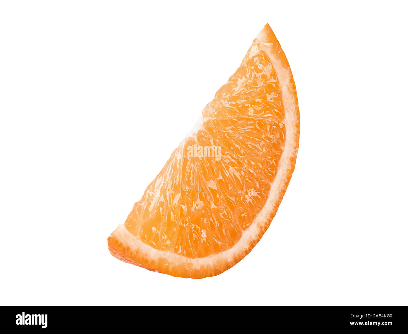 Slice of a ripe orange isolated on white background with copy space for text or images. Fruit with juicy flesh. Side view. Close-up shot. Stock Photo