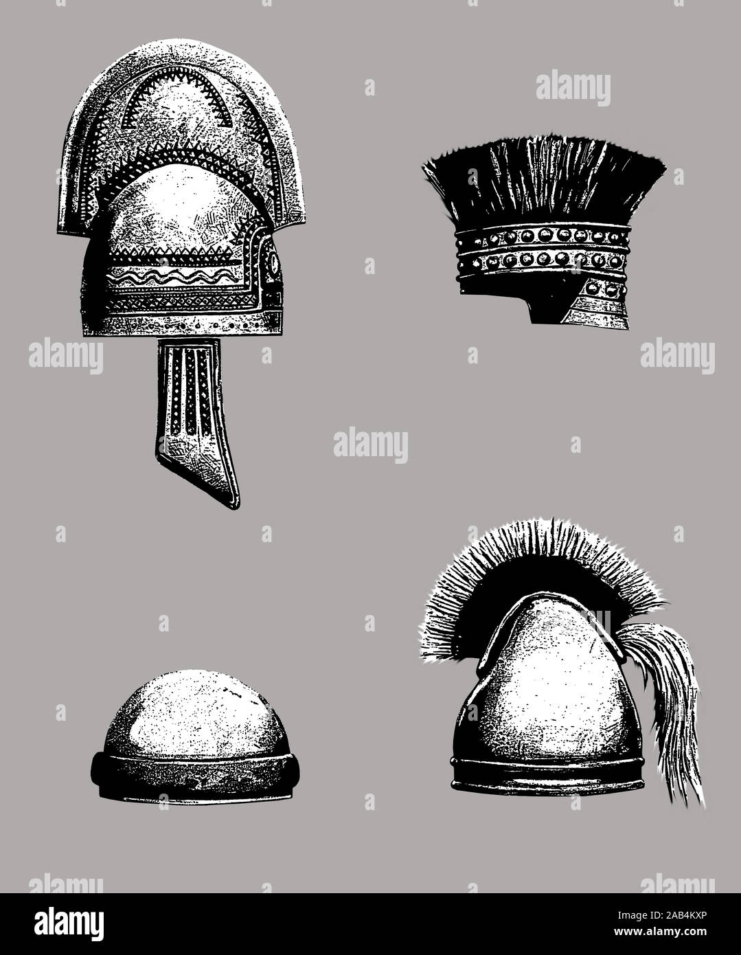 Ancient greek, sumerian, persian helmets drawing. Bronze helmet set illustration. Stock Photo