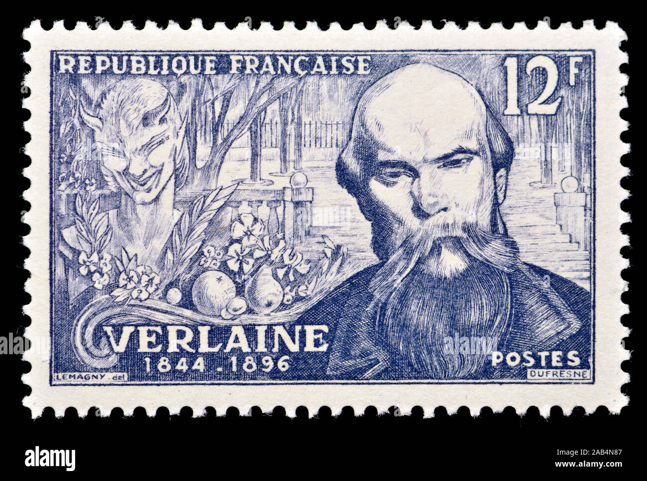 French postage stamp (1951) : Paul-Marie Verlaine (1844 – 1896) French poet associated with the Decadent movement. Stock Photo