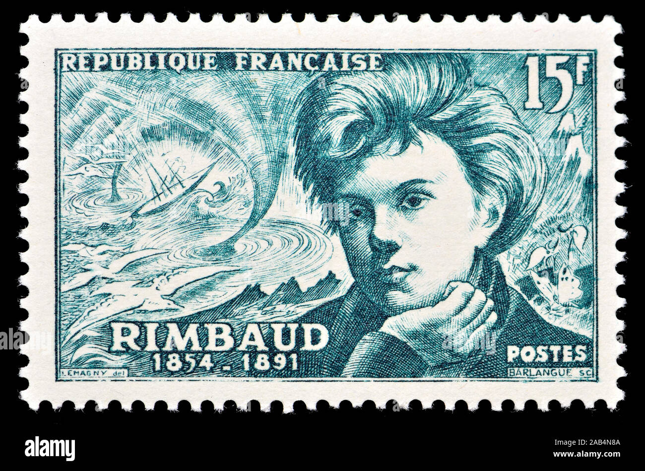 French postage stamp (1951) : Jean Nicolas Arthur Rimbaud (1854 – 1891) French poet Stock Photo