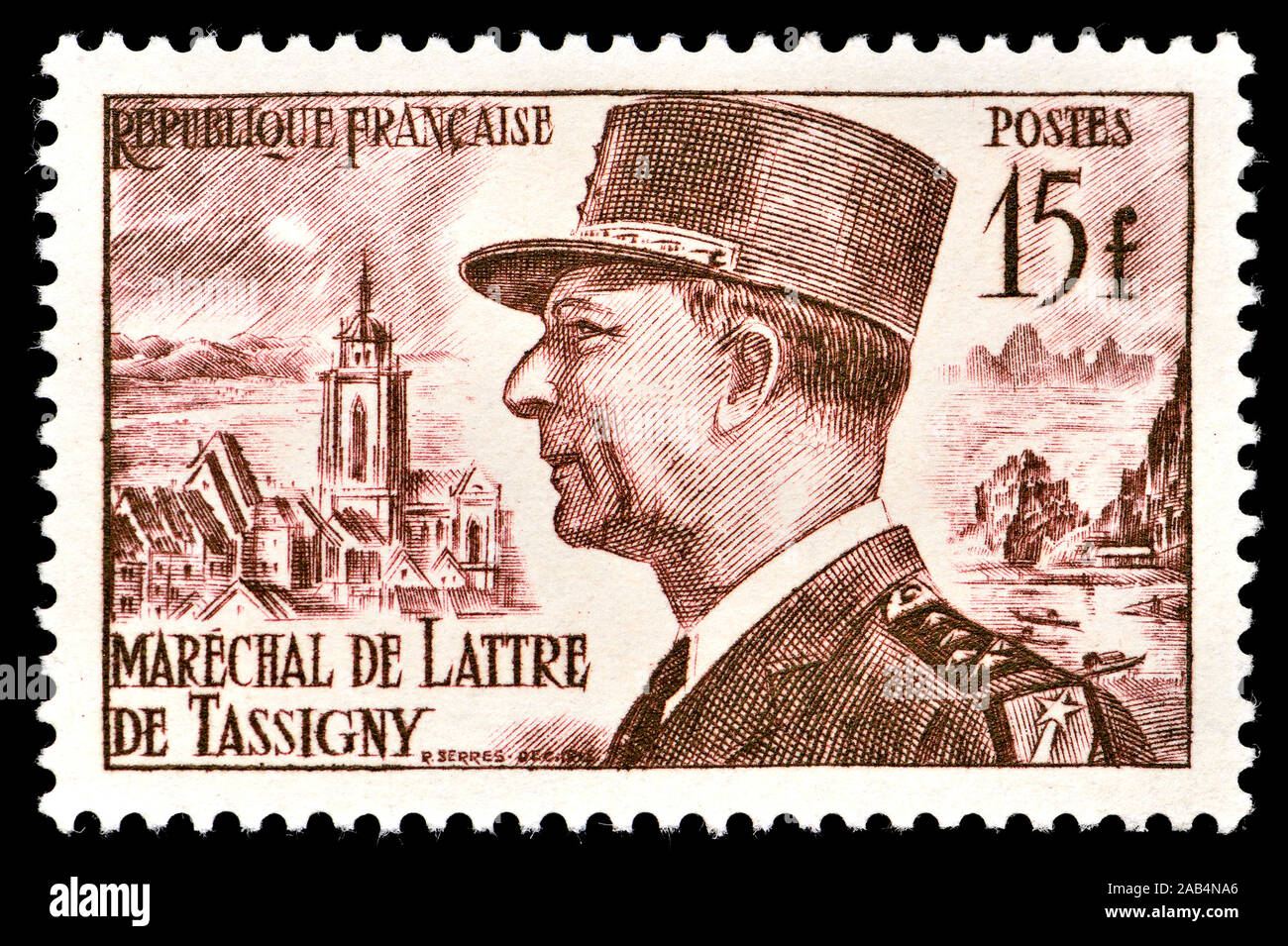 French postage stamp (1952) : Marshall Jean de Lattre de Tassigny (Jean Joseph Marie Gabriel de Lattre de Tassigny: 1889-1952) French army general dur Stock Photo