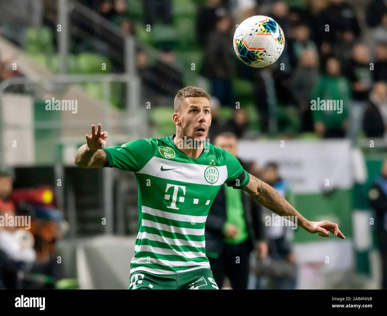 BUDAPEST, HUNGARY - MARCH 2: (r-l) David Markvart of DVTK controls the ball  next to Roland Varga of Ferencvarosi TC during the Hungarian OTP Bank Liga  match between Ferencvarosi TC and DVTK