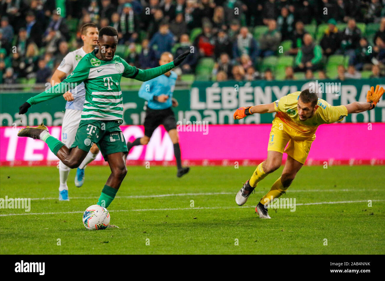 BUDAPEST, HUNGARY - AUGUST 13: (l-r) Tokmac Chol Nguen of Ferencvarosi TC  wins the ball from Arijan Ademi of GNK Dinamo Zagreb during the UEFA  Champions League Third Qualifying Round match between